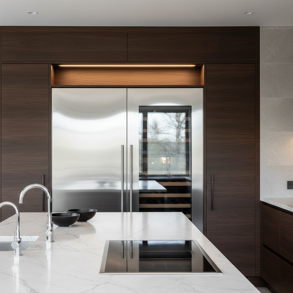 Modern built-in refrigerator and wine cooler in a premium kitchen