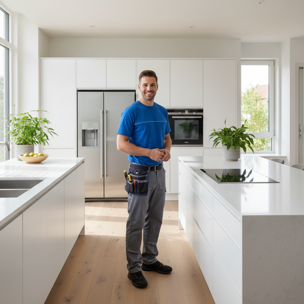 Smiling appliance repair technician standing in a modern kitchen