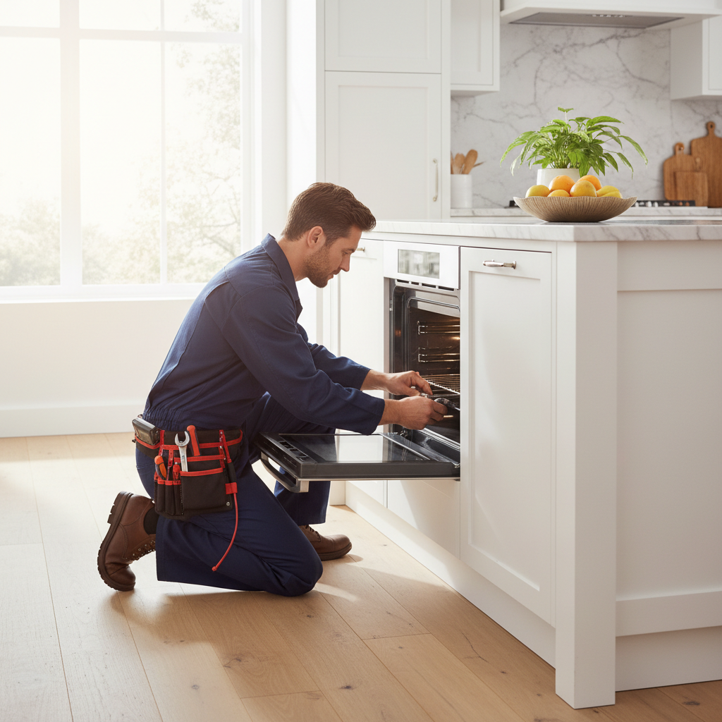 Technician repairing a built-in oven in a bright kitchen